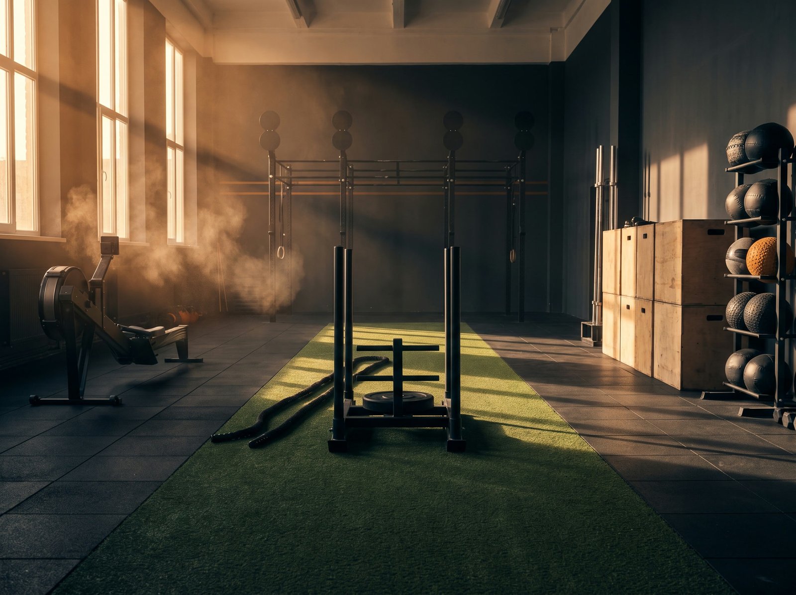 Zona híbrida de ImproveFit, con remo, cajones y material de entrenamiento funcional.